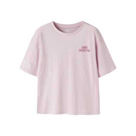 T-shirt en coton biologique rose uni pourvu d'un imprimé coeur