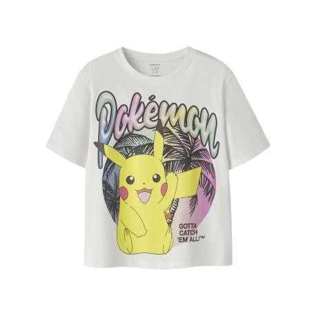 T-shirt en coton biologique blanc uni pourvu d'un imprimé pokémon