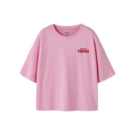 T-shirt en coton biologique rose uni pourvu d'un imprimé chat