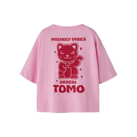 T-shirt en coton biologique rose uni pourvu d'un imprimé chat - Image 2