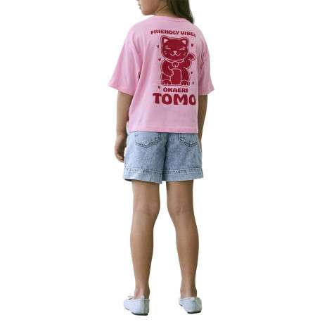T-shirt en coton biologique rose uni pourvu d'un imprimé chat - Image 4