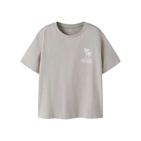 T-shirt en coton biologique taupe uni pourvu d'un imprimé palmier