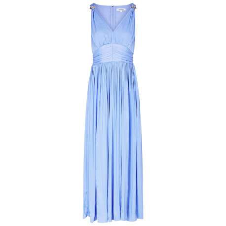 Robe longue bleue satinée coupe fluide pourvue d'un col v profond