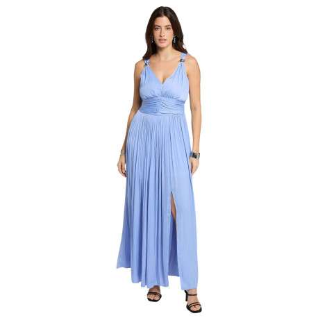 Robe longue bleue satinée coupe fluide pourvue d'un col v profond - Image 2