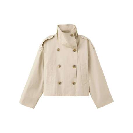 Blouson beige uni avec une coupe cropped et un col montant boutonné
