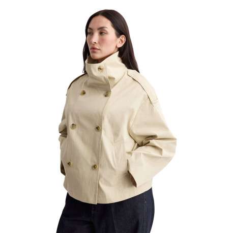 Blouson beige uni avec une coupe cropped et un col montant boutonné - Image 5