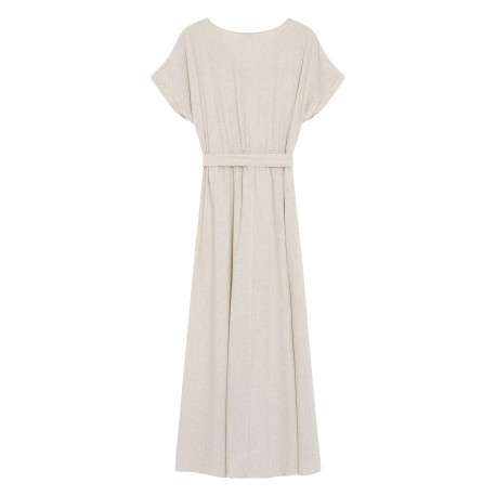 Robe longue beige unie avec une coupe fluide et un col V croisé - Image 2