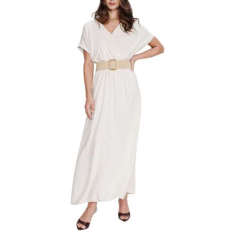 Robe longue beige unie avec une coupe fluide et un col V croisé - Image 3