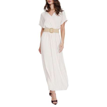 Robe longue beige unie avec une coupe fluide et un col V croisé - Image 4
