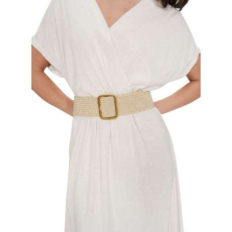 Robe longue beige unie avec une coupe fluide et un col V croisé - Image 5