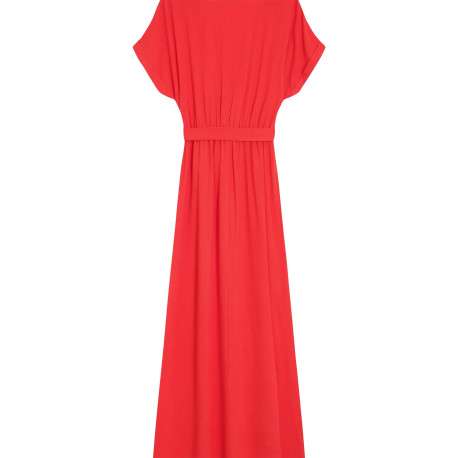 Robe longue rouge unie avec une coupe fluide et un col V croisé - Image 2
