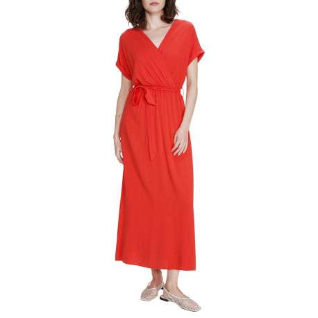 Robe longue rouge unie avec une coupe fluide et un col V croisé - Image 3