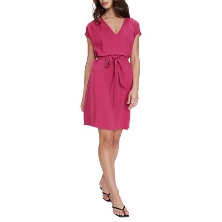 Robe courte rose unie avec une coupe droite et des manches courtes - Image 3