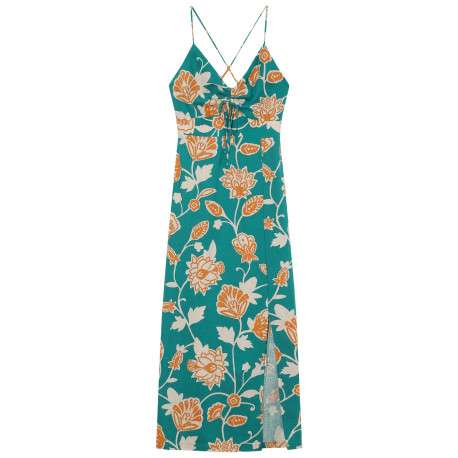 Robe longue verte à motifs floraux avec une coupe cintrée et un col V