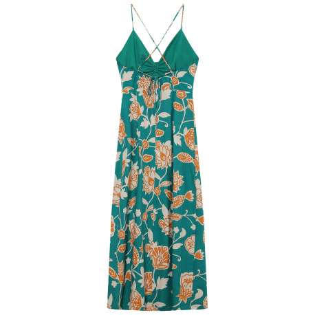 Robe longue verte à motifs floraux avec une coupe cintrée et un col V - Image 2