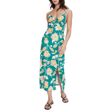 Robe longue verte à motifs floraux avec une coupe cintrée et un col V - Image 3