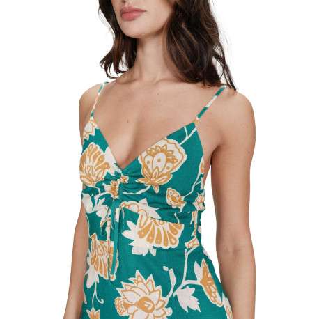 Robe longue verte à motifs floraux avec une coupe cintrée et un col V - Image 4