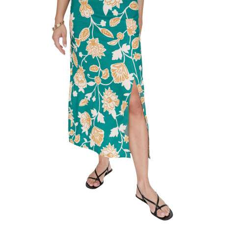 Robe longue verte à motifs floraux avec une coupe cintrée et un col V - Image 5