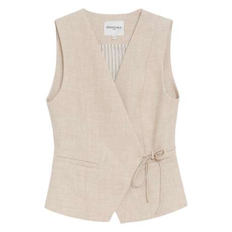 Gilet beige uni avec une coupe ajustée et un col cache-coeur