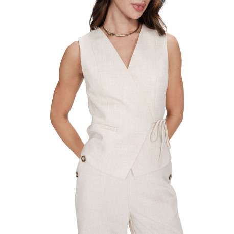 Gilet beige uni avec une coupe ajustée et un col cache-coeur - Image 4