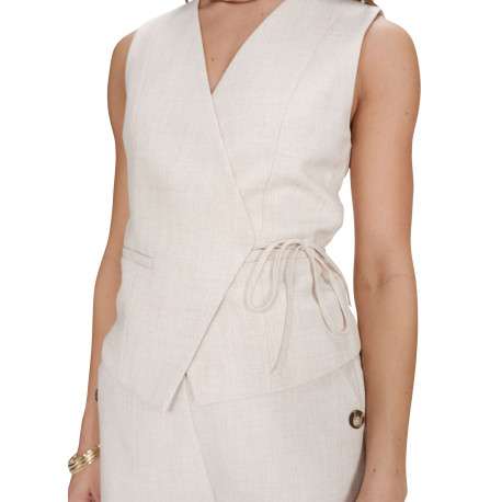 Gilet beige uni avec une coupe ajustée et un col cache-coeur - Image 5