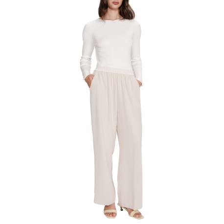 Pantalon chino écru uni avec une coupe droite et une taille élastiquée - Image 3