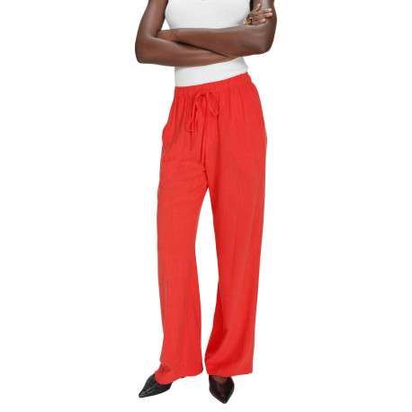 Pantalon chino rouge uni avec une coupe flare et une taille élastiquée - Image 4