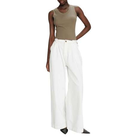 Pantalon chino en coton blanc uni à coupe large avec un bouton et un zip - Image 3