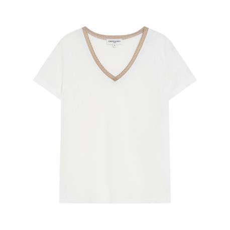 T-shirt en coton mélangé blanc uni avec une coupe droite et un col v