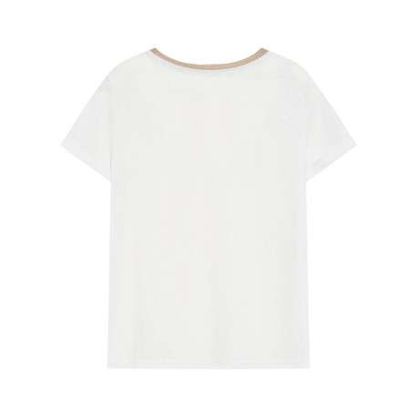 T-shirt en coton mélangé blanc uni avec une coupe droite et un col v - Image 2