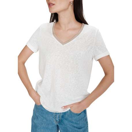 T-shirt en coton mélangé blanc uni avec une coupe droite et un col v - Image 4
