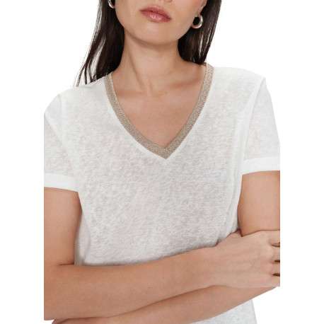 T-shirt en coton mélangé blanc uni avec une coupe droite et un col v - Image 5
