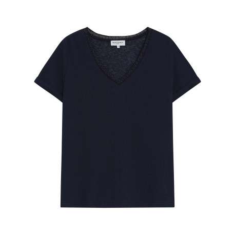 T-shirt en coton mélangé marine uni avec une coupe droite et un col v