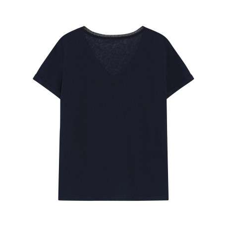T-shirt en coton mélangé marine uni avec une coupe droite et un col v - Image 2