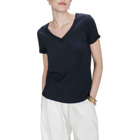 T-shirt en coton mélangé marine uni avec une coupe droite et un col v - Image 3