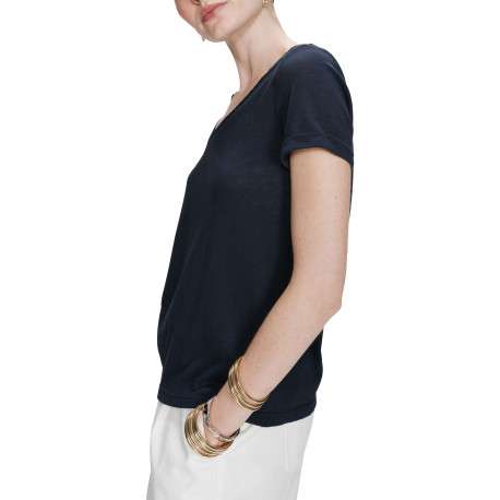 T-shirt en coton mélangé marine uni avec une coupe droite et un col v - Image 4