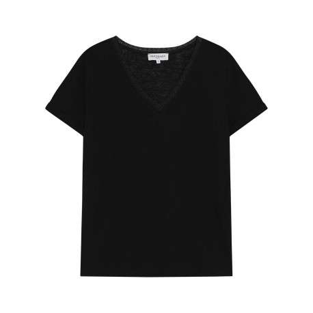T-shirt en coton mélangé noir uni avec une coupe droite et un col v