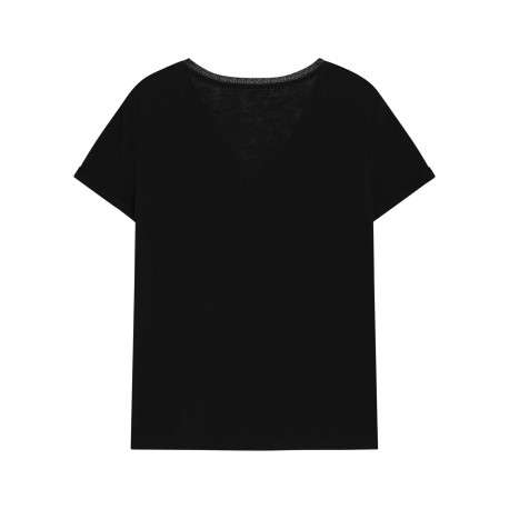T-shirt en coton mélangé noir uni avec une coupe droite et un col v - Image 2