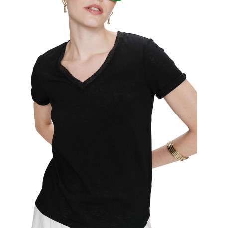 T-shirt en coton mélangé noir uni avec une coupe droite et un col v - Image 5