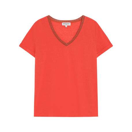 T-shirt en coton mélangé rouge uni avec une coupe droite et un col v