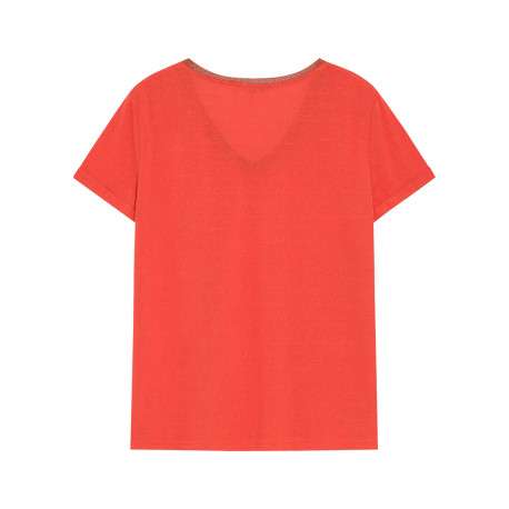 T-shirt en coton mélangé rouge uni avec une coupe droite et un col v - Image 2