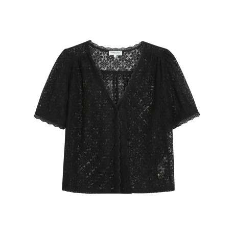 Blouse noire unie en dentelle avec une coupe droite et un col rond