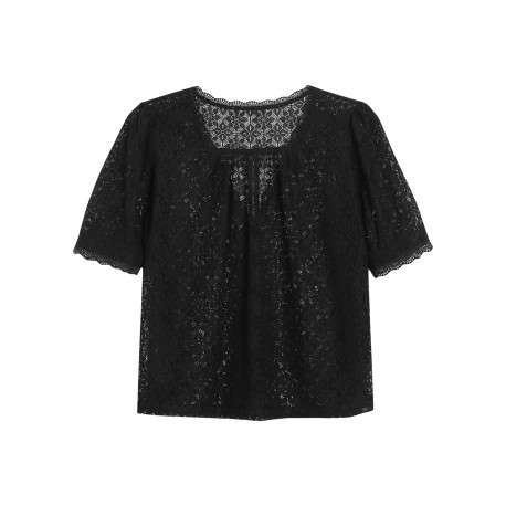 Blouse noire unie en dentelle avec une coupe droite et un col rond - Image 2