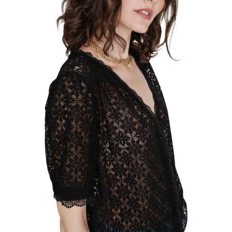 Blouse noire unie en dentelle avec une coupe droite et un col rond - Image 4