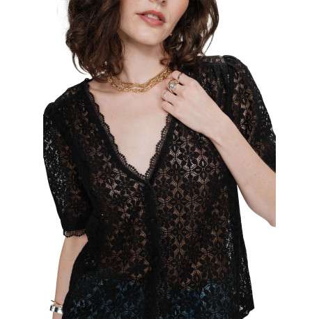 Blouse noire unie en dentelle avec une coupe droite et un col rond - Image 5