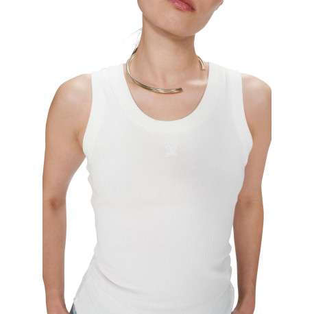 Débardeur en coton blanc uni avec une coupe moulante et un col rond - Image 5