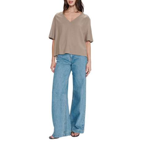 Top taupe uni fluide avec une coupe large et des manches courtes - Image 3