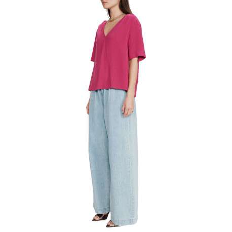Top rose uni fluide avec une coupe large et des manches courtes - Image 3