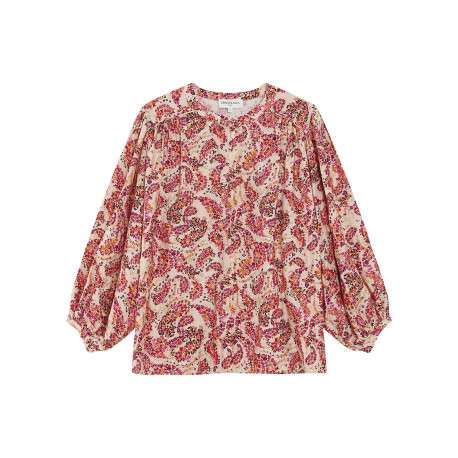 Blouse rose à motifs pourvue d'un col rond et de manches longues