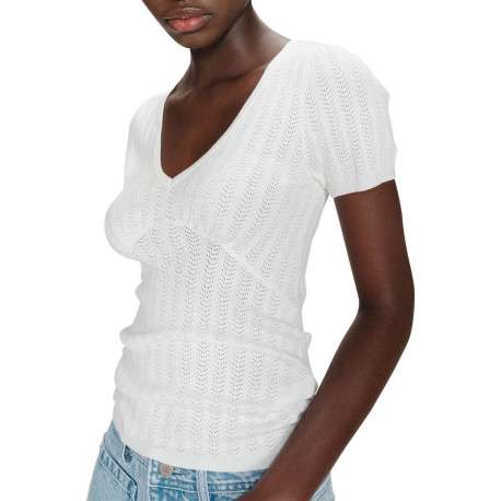 Top blanc uni coupe pourvu d'une coupe ajustée et de manches courtes - Image 5